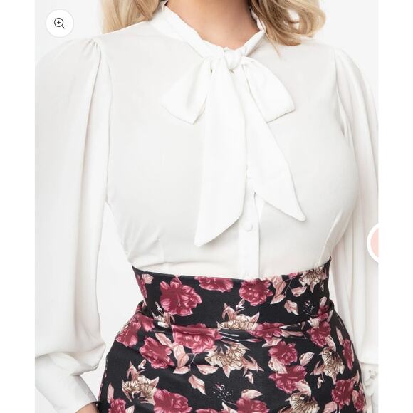 Unique Vintage White Neck Tie Gwen Blouse L 10 12 NWOT - Picture 3 of 6